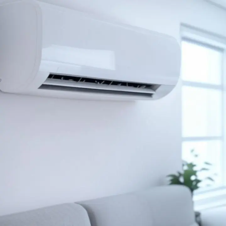 Nowoczesne klimatyzatory ścienne typu split zamontowane w jasnym salonie