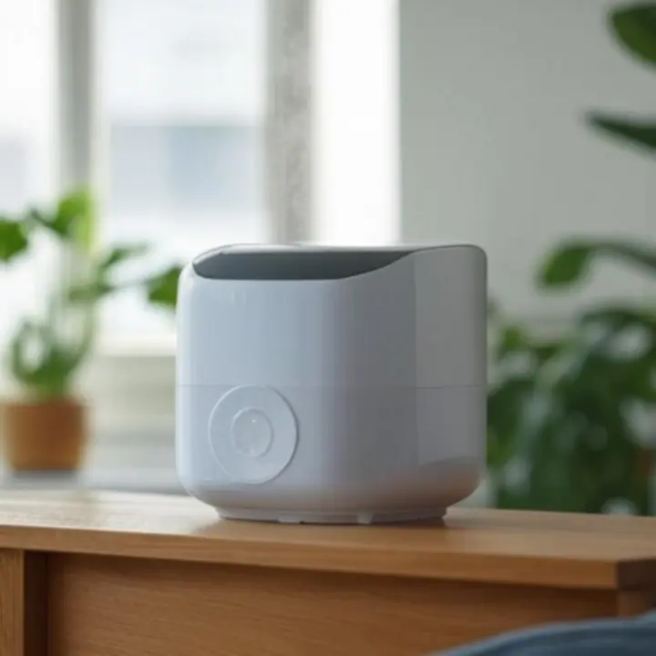 Stylowy nawilżacz powietrza ustawiony na nowoczesnej komodzie